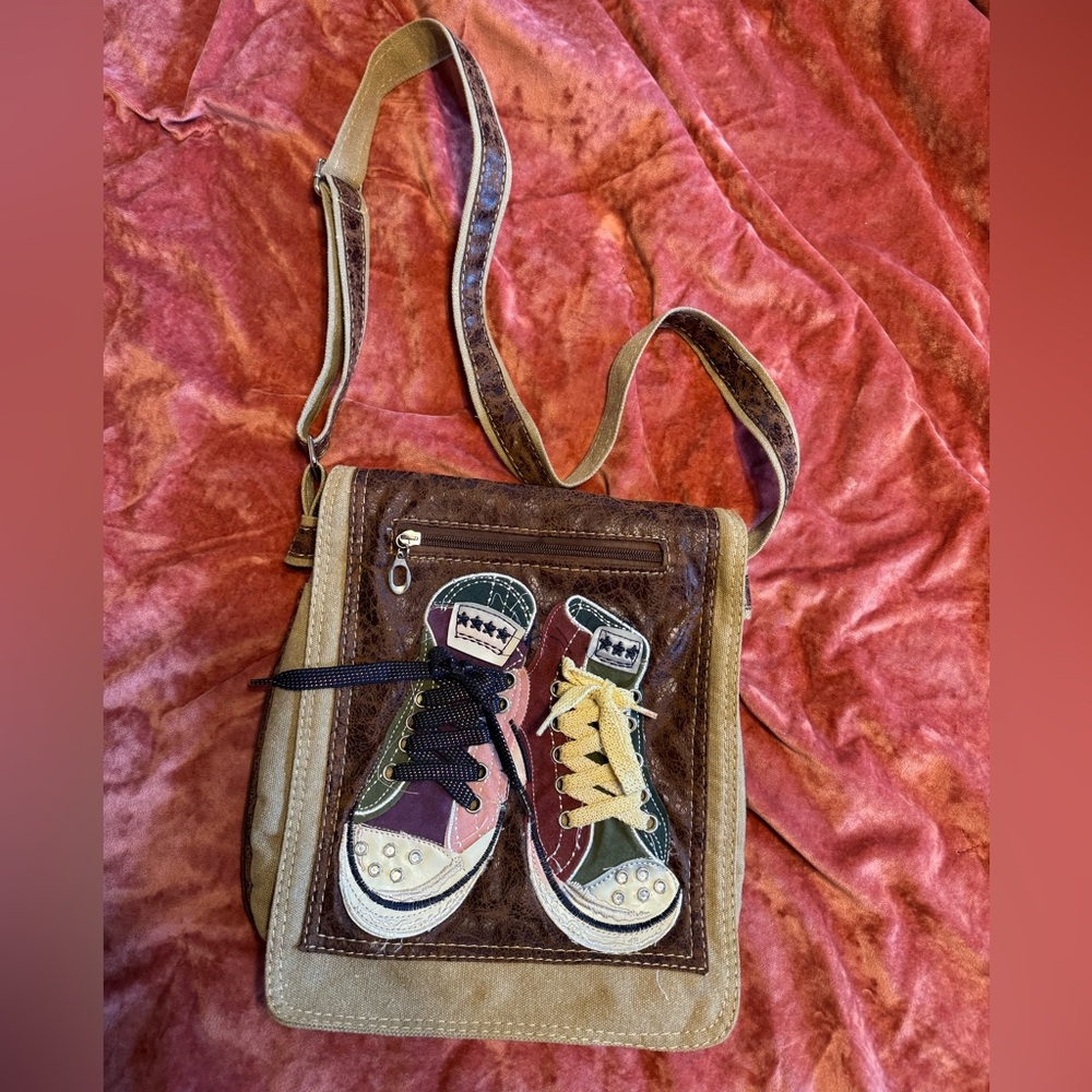Vintage/Unique shoulder bag/crossbody satchel with sneakers detailing